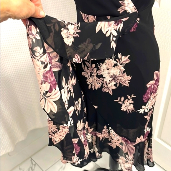 NWOT Black & Purple Floral Wrap Dress with High Low Ruffled Hem - Picture 5 of 17